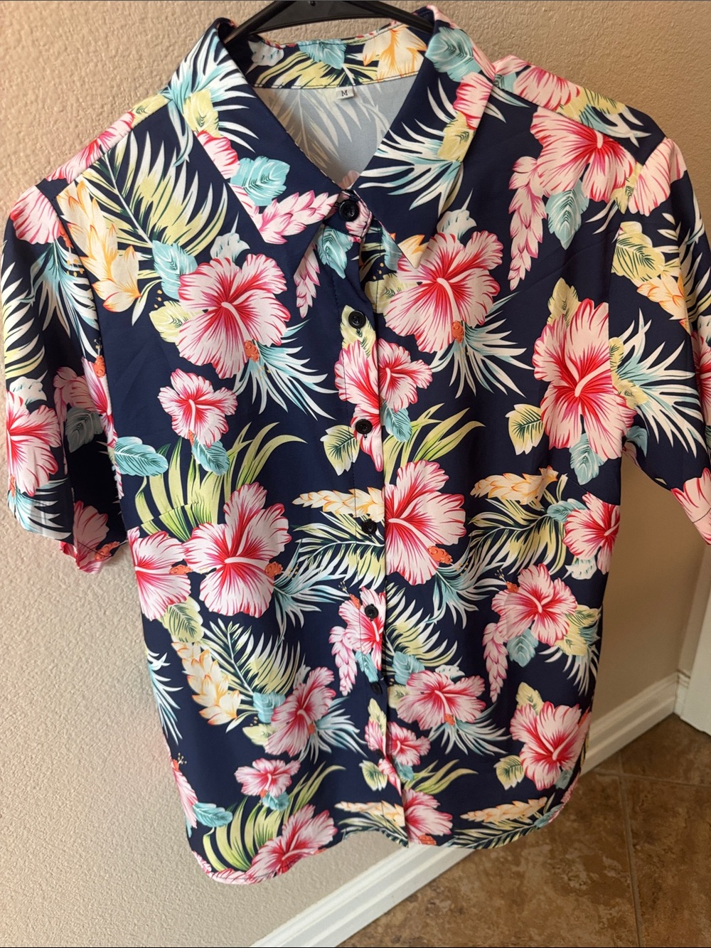 Woman’s pink & Navy Floral Button-Up Shirt - Tropical Print